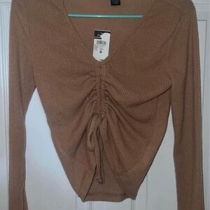 Rue21 Camel Ruched V-Neck Long Sleeve Top